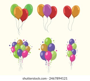 Helium balloons, bunch, arches and garlands isolated set. Multicolored decoration for holidays, store grand opening ceremony, birthday or party event on white background, Cartoon vector illustration