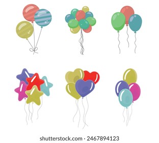 Helium balloons, bunch, arches and garlands isolated set. Multicolored decoration for holidays, store grand opening ceremony, birthday or party event on white background, Cartoon vector illustration