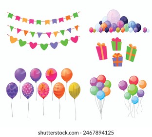 Helium balloons, bunch, arches and garlands isolated set. Multicolored decoration for holidays, store grand opening ceremony, birthday or party event on white background, Cartoon vector illustration