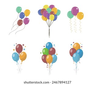 Helium balloons, bunch, arches and garlands isolated set. Multicolored decoration for holidays, store grand opening ceremony, birthday or party event on white background, Cartoon vector illustration