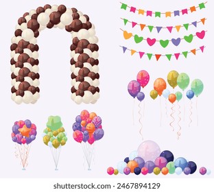 Helium balloons, bunch, arches and garlands isolated set. Multicolored decoration for holidays, store grand opening ceremony, birthday or party event on white background, Cartoon vector illustration