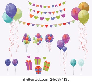 Helium balloons, bunch, arches and garlands isolated set. Multicolored decoration for holidays, store grand opening ceremony, birthday or party event on white background, Cartoon vector illustration