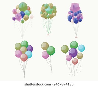 Helium balloons, bunch, arches and garlands isolated set. Multicolored decoration for holidays, store grand opening ceremony, birthday or party event on white background, Cartoon vector illustration