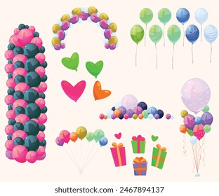 Helium balloons, bunch, arches and garlands isolated set. Multicolored decoration for holidays, store grand opening ceremony, birthday or party event on white background, Cartoon vector illustration