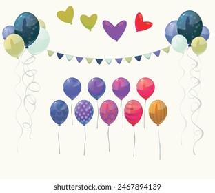 Helium balloons, bunch, arches and garlands isolated set. Multicolored decoration for holidays, store grand opening ceremony, birthday or party event on white background, Cartoon vector illustration