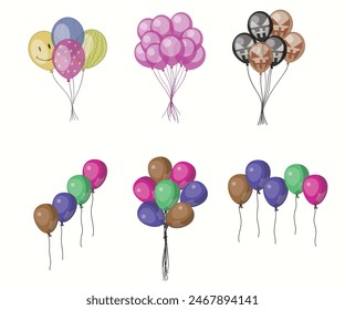 Helium balloons, bunch, arches and garlands isolated set. Multicolored decoration for holidays, store grand opening ceremony, birthday or party event on white background, Cartoon vector illustration