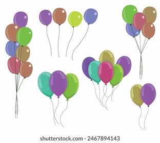 Helium balloons, bunch, arches and garlands isolated set. Multicolored decoration for holidays, store grand opening ceremony, birthday or party event on white background, Cartoon vector illustration