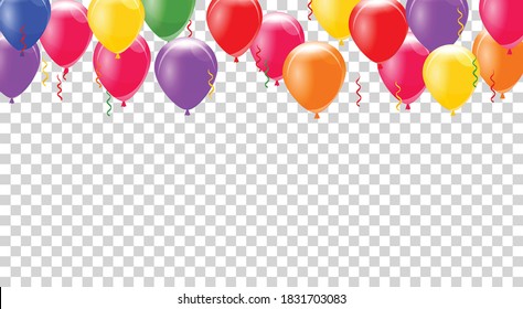 Helium balloons. Bunch or group of colorful helium balloons isolated on transparent background. Party realistic flying balloon set. Vector cololor design element