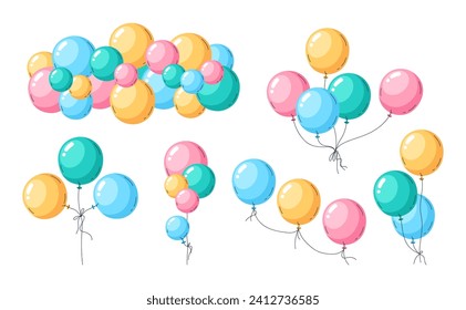 Helium balloons bunches. Air balloons festive decorations, happy birthday celebration colorful decor flat vector illustration set. Flying glossy air balloons