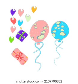 helium balloons flying into the sky, hearts,gifts.balloons with a pattern of cute hearts.isolated on a white background. vector illustration.a set for your design.for wallpaper,textiles,packaging, inv