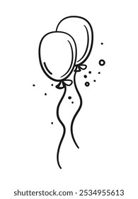 Helium balloons flying. Line doodle style. Inflatable balls on a string. Birthday, happiness, celebration, party, wedding