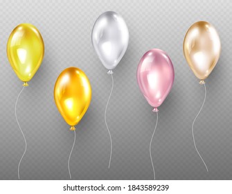 Helium balloons, flying multicolored glossy objects of gold, silver, yellow and pink color, decoration for holidays, birthday or party event isolated on transparent background, realistic 3d vector set