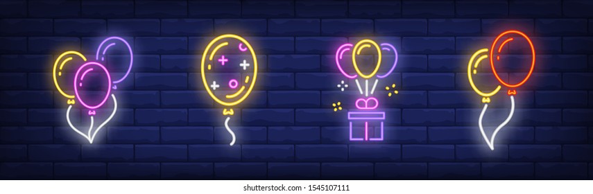 Helium balloons neon signs set. Birthday, anniversary, party design. Night bright neon sign, colorful billboard, light banner. Vector illustration in neon style.