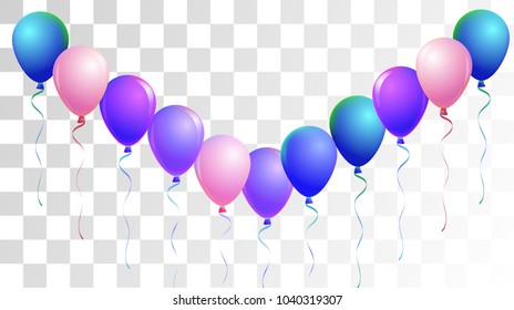 Helium Balloons Realistic Vector Bright Collection. Birthday Party Celebration, Music Festival, Carnival, Funky Decoration. Fun Glossy Realistic Helium Balloons Bunch Set on Transparent Background.