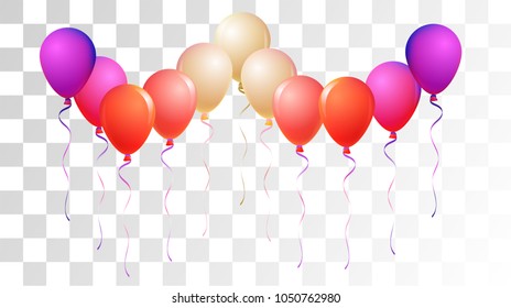 Helium Balloons Realistic Vector Bright Collection. Birthday Party Celebration, Music Festival, Carnival, Funky Present. Flying Airy Realistic Helium Balloons Set on Transparent Background.