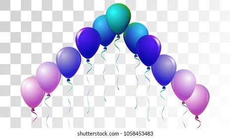 Helium Balloons Realistic Vector Bright Collection. Birthday Party Celebration, Music Festival, Carnival, Funky Gift Card. Flying Airy Realistic Helium Balloons Bunch on Transparent Background.
