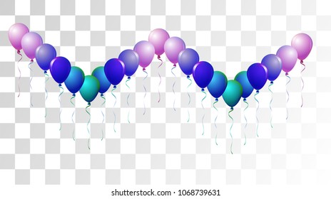 Helium Balloons Realistic Vector Bright Collection. Birthday Party Celebration, Music Festival, Carnival, Funky Gift Card. Shiny Realistic Helium Balloons Bunch Set on Transparent Background.