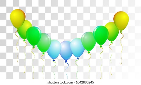 Helium Balloons Realistic Vector Colored Collection. Birthday Party Celebration, Music Festival, Carnival, Funky Decoration. Fun Glossy Realistic Helium Balloons Bunch Set on Transparent Background.