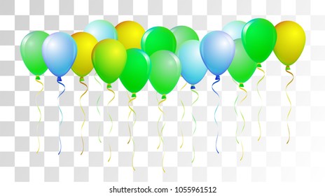 Helium Balloons Realistic Vector Colored Collection. Birthday Party Celebration, Music Festival, Carnival, Funky Gift Card. Flying Airy Realistic Helium Balloons Set on Transparent Background.