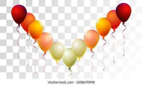 Helium Balloons Realistic Vector Colored Collection. Music Festival, Birthday Party Celebration, Carnival, Poster Decoration. Childrens Joy, Realistic Helium Balloons Bunch on Transparent Background.