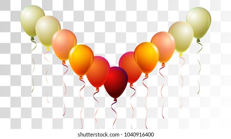 Helium Balloons Realistic Vector Trendy Collection. Birthday Party Celebration, Music Festival, Carnival, Premium Gift Card. Childrens Joy, Realistic Helium Balloons Bunch on Transparent Background.