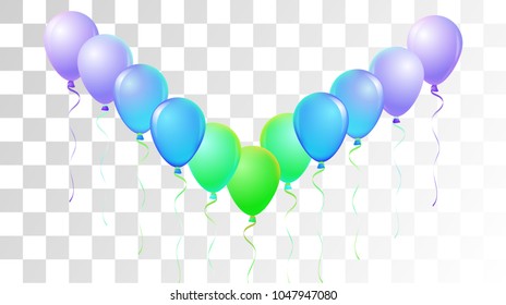 Helium Balloons Realistic Vector Trendy Collection. Birthday Party Celebration, Music Festival, Carnival, Funky Gift Card. Childrens Joy, Realistic Helium Balloons Bunch on Transparent Background.