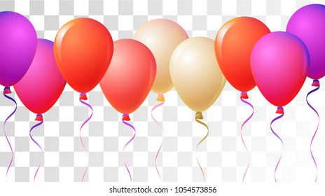 Helium Balloons Realistic Vector Trendy Collection. Birthday Party Celebration, Music Festival, Carnival, Premium Gift Card. Flying Airy Realistic Helium Balloons Bunch Set on Transparent Background