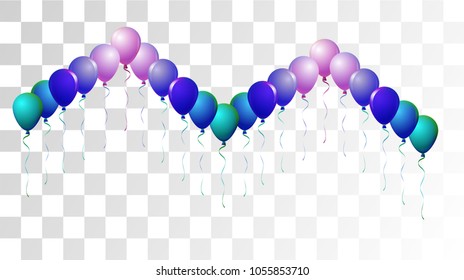Helium Balloons Realistic Vector Trendy Collection. Birthday Party Celebration, Music Festival, Carnival, Premium Gift Card. Surprise Realistic Helium Balloons Bunch Set on Transparent Background
