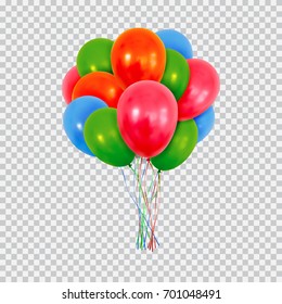 Helium balloons set. Birthday baloons flying for party and celebrations. Isolated on plaid transparent background. Vector illustration for your design and business.