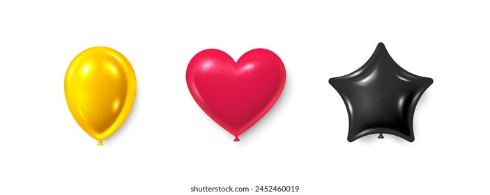 Helium balloons set. Heart shaped balloons for Valentine day, wedding and birthday. Romantic anniversary celebration balloons. Festive element in 3d design. Vector illustration