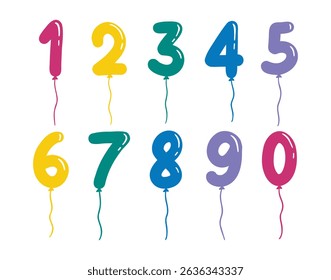 helium balloons in the shape numbers for childrens kids birthday. Cute and positive decor hand drawn set. Colorful drawing line clipart symbol collection. Vector illustration