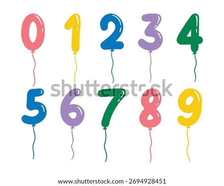 helium balloons in the shape numbers for childrens kids birthday. Cute and positive decor hand drawn set. Colorful drawing line clipart symbol collection. Vector illustration
