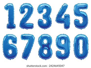 Helium blue balloons numbers. Realistic design elements, numeral character. Party decoration balloons or anniversary sign. Vector glossy decorative digits illustration