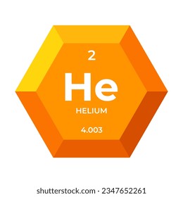 Helium is chemical element number 2 of the Noble Gas group. Icon of chemical element of periodic table in 3d hexagon. Chemistry for children, elementary education.