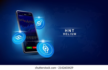 Helium coin and Phone. App for trading crypto currency on the touch screen smartphone. Data analytics stock market. Trends and financial strategy. Mobile banking cryptocurrency. Vector 3d. 