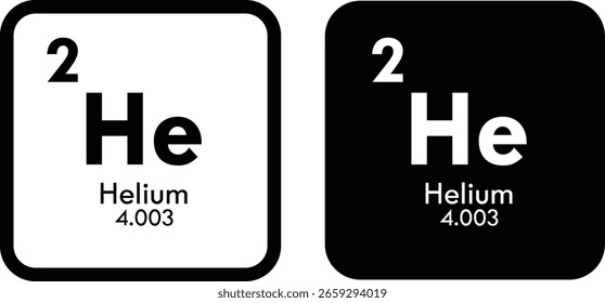 Símbolo de elemento de hélio em estilo de tabela periódica, preto e branco. Conceito de ciência, química, educação e física.