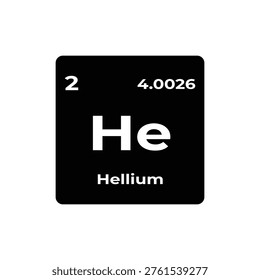 Helium element tile, periodic table symbol He, atomic number 2, atomic mass 4.0026, black minimalist chemistry icon on white background
