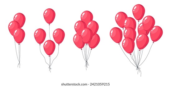 Globos flotantes de helio. Bandejas de globos rojos, globo plano plano de globo aerostático volador conjunto de ilustración vectorial. Decoración de la fiesta de cumpleaños de los globos en blanco