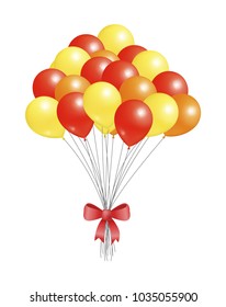Helium flying elements decorated by red bow, balloons big bundle for party decorations, birthdays and anniversaries, balloon of orange yellow red color