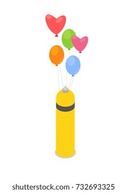 Helium gas cylinder with air balloons isometric 3D icon. Holiday decoration vector illustration isolated on white background