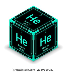 Helium (He) (002) - Fundamental Element Futuristic Cybernetic Cube Block Isometric View, Icon Isolated White Background, Periodic Table, Chemical Symbol, Name, Atomic Mass, Atomic Number