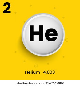 Helium (He) The Chemical Element Of The  Periodic Table With The Symbol H And Atomic Number 2. Vector Icon Illustration Placed In The White Button With Crystal Structure Hexagonal In Yellow Background