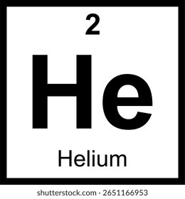 Hélio (He) tabela periódica de elementos azulejos. Ícone minimalista com número atômico 2. Elemento de gás nobre para educação em ciência e química, isolado no branco.