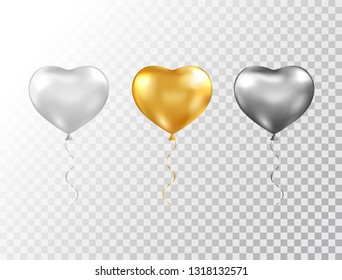 Helium heart balloons set isolated on transparent background. Foil glossy gold, silver and black festive balloons. Baloon for anniversary, birthday party, wedding, grand opening. Vector illustration.