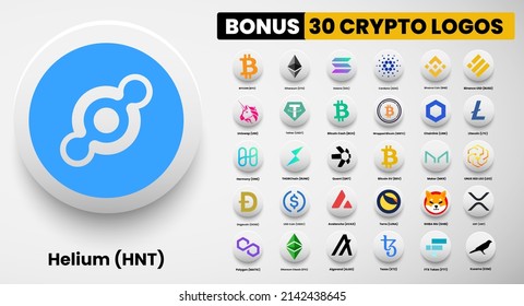 Helium HNT crypto logo symbols of cryptocurrency. Set of Bitcoin, Ethereum, Solana, Binance Coin, Binance USD, litecoin,avalanche, chainlink, maker, dogecoin, USD Coin, Shiba Inu, Polygon, and Terra