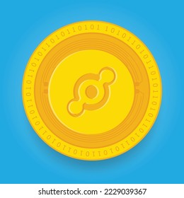 Helium HNT golden coin isolated on blue background. Cryptocurrency vector illustration eps 10 template.