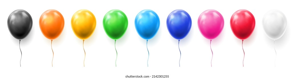 Globos coloridos inflables de helio con hilos, ánimo de fiesta y celebración. Efecto vectorial 3D realista, decoración para eventos parciales o especiales, decoración brillante para divertirse en el interior