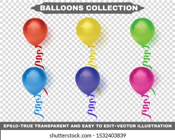 Helium multi-colored realistic glossy balloons. Isolated on transparent background. Birthday baloons flying for your projects, business, design, celebrations and party. EPS10. Vector illustration.