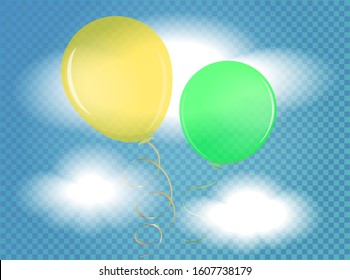 Helium Multi-Colored Realistic Glossy Balloons. Isolated On Transparent Background. Birthday Baloons Flying For Your Projects, Business, Design, Celebrations And Party. EPS10. Vector Illustration Set.