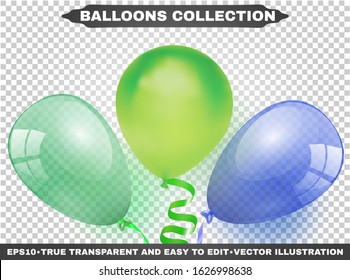 Helium Multi-Colored Realistic Glossy Balloons. Isolated On Transparent Background. Birthday Baloons Flying For Your Projects, Business, Design, Celebrations And Party. EPS10. Vector Illustration Set.